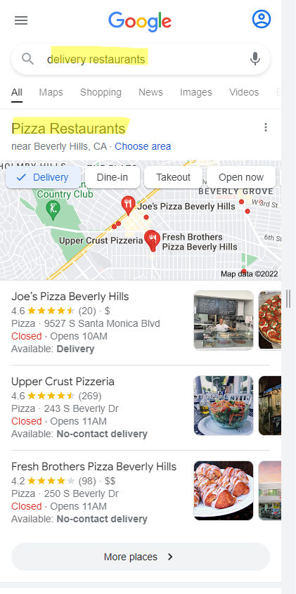 bheligman's tweet photo. Hey @JohnMu we noticed that Google favors "pizza restaurants" in the local pack for "delivery" queries. We've tested in dozens of locals. Do you know why this might be? See screenshots attached. https://t.co/95SLUashVi