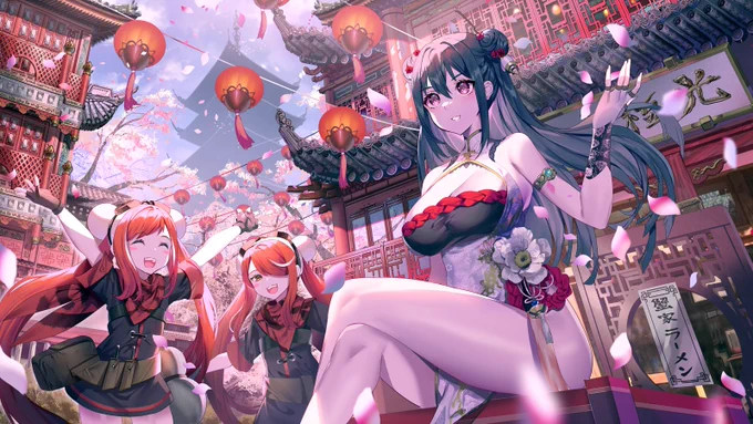 「紅に雪の散る如く」イベント開催おめでとうございます!
 春と桜をテーマにヨウ、モモ&アンズを描きました!
 #白夜極光 #さくら 