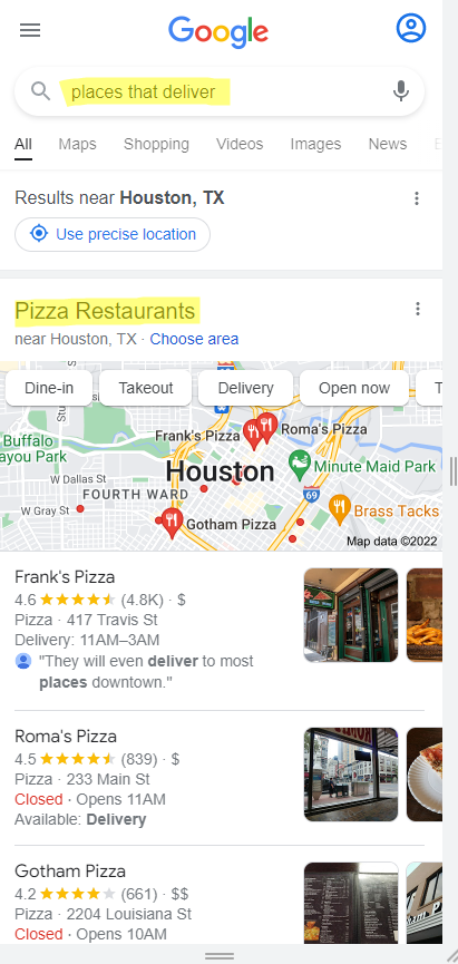 bheligman's tweet photo. Hey @JohnMu we noticed that Google favors "pizza restaurants" in the local pack for "delivery" queries. We've tested in dozens of locals. Do you know why this might be? See screenshots attached. https://t.co/95SLUashVi