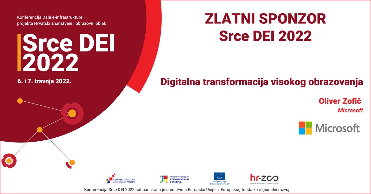 srceDEI's tweet photo. U predavanju "Digitalna transformacija visokog obrazovanja" zlatnog sponzora Microsoft, Oliver Zofič govorit će o tome što je potrebno da bi digitalna transformacija bila uspješna u okviru visokog obrazovanja. 
Stignete se još prijaviti za online➡️https://t.co/zyWqKPa2l0😊 https://t.co/Vt40HwKhDa