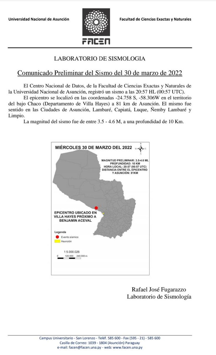 Ahora_Py's tweet photo. Sismo de 3,5 a 4,6 de magnitud es confirmada por la #FACEN el
epicentro fue en Villa Hayes. https://t.co/A03hUomcJM