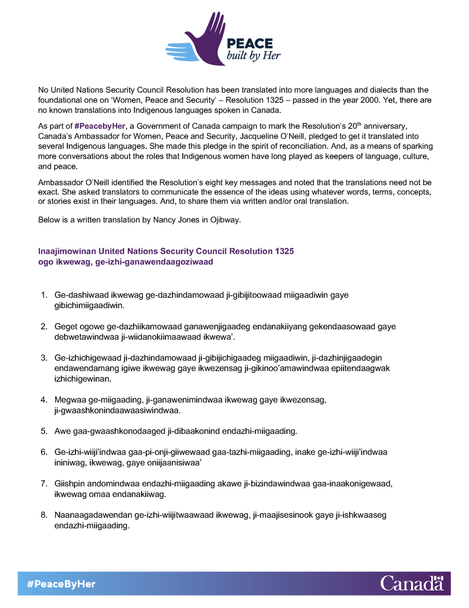 jacqui_oneill's tweet photo. Following my #PeacebyHer pledge, I’m delighted to share the next translation of key elements of United Nations Security Council Resolution 1325 on #WomenPeaceSecurity.

Here it is in #Ojibwe! https://t.co/0ikeefamHZ