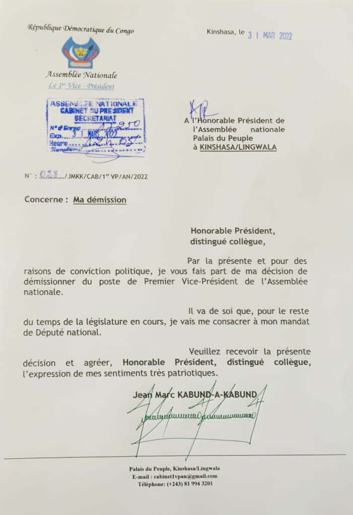 @kabund_jmkkrock vient de déposer sa démission du poste de Premier vice-président de l’@AssembleeN_RDC « pour des raisons de conviction politique » #RDC #DRC