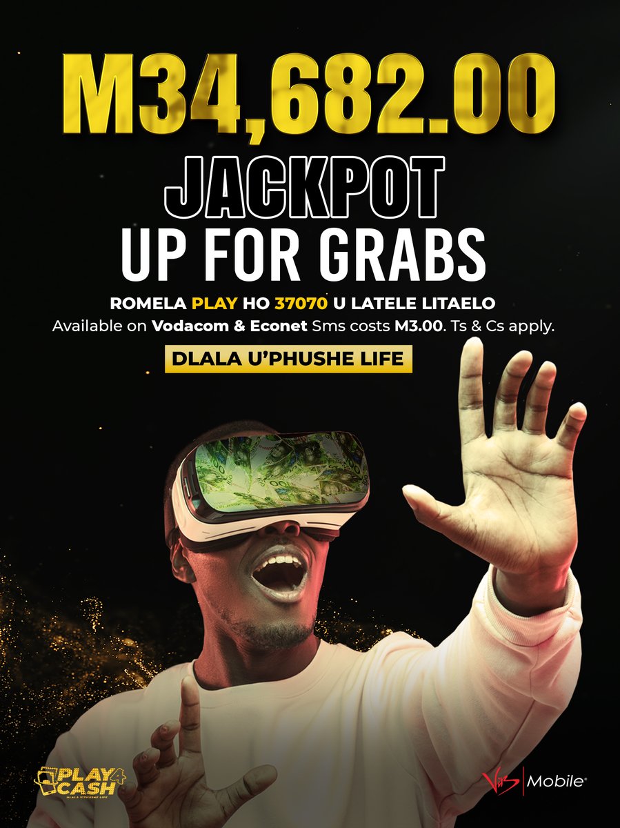 ViBMobileLs's tweet photo. 🤩🤑 Play4Cash JACKPOT 🤑🤩
M34 682.00 is available TODAY!💰💰💰
U ka tsoa ka mokotla ona kaofela ha u bapala Play4Cash!
Sms lentsoe PLAY ho 37070 u latele litaelo. Sms ke M3.00. Ho na le lipehelo.
#play4cash #dlalauphushelife https://t.co/5Ppazgo4fk