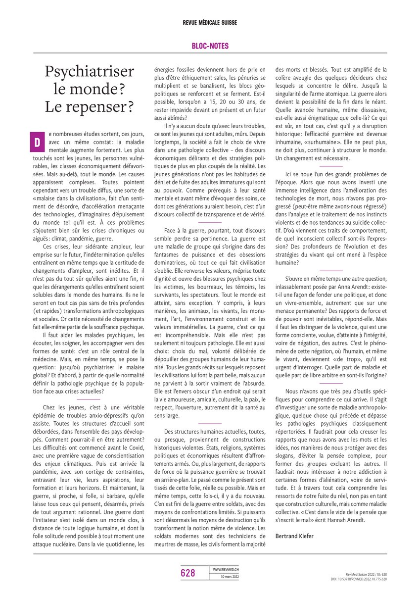 revmedsuisse's tweet photo. "Chez les jeunes, c’est à une véritable épidémie de troubles anxio-dépressifs qu’on assiste. Toutes les structures d’accueil sont débordées, dans l’ensemble des pays développés. Comment pourrait-il en être autrement ?"
➡Le bloc-notes de @BertrandKiefer : https://t.co/FX1d4E9gkM https://t.co/TlcUhJABGe