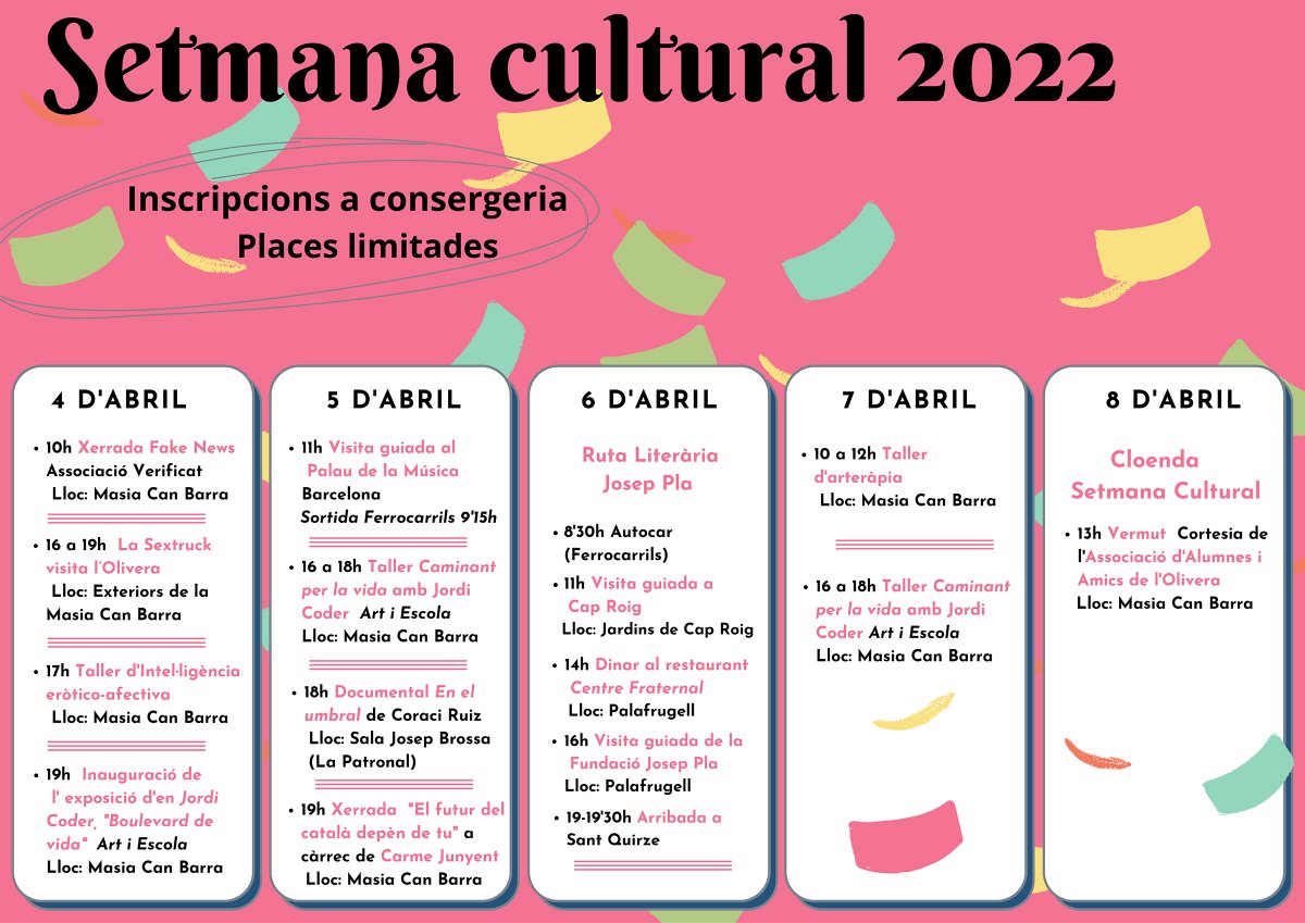 ajsantquirze's tweet photo. 📣 Setmana Cultural de l'Escola Municipal d'Adults l'Olivera, del 4 al 8 d'abril.

💬🎬 El centre ofereix diverses activitats obertes a tota la ciutadania: xerrades, tallers, documentals i sortides culturals.

ℹ️👉 https://t.co/T002UD4XrI

#santquirzealcor #SQV https://t.co/4NVp9rVc5B