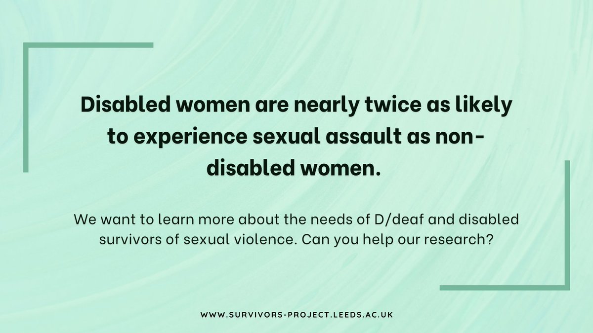 Stay Safe East (@staysafeeast) on Twitter photo The most recent Crime Survey for England and Wales shows this alarming statistic.
<a href="/SurvivorsProje2/">Survivors-Project</a> want to speak with d/Deaf and disabled women in England and Wales who have experienced sexual assault. Please DM them or use their contact form: forms.office.com/Pages/Response⦠#MeToo The most recent Crime Survey for England and Wales shows this alarming statistic.
<a href="/SurvivorsProje2/">Survivors-Project</a> want to speak with d/Deaf and disabled women in England and Wales who have experienced sexual assault. Please DM them or use their contact form: forms.office.com/Pages/Response⦠#MeToo