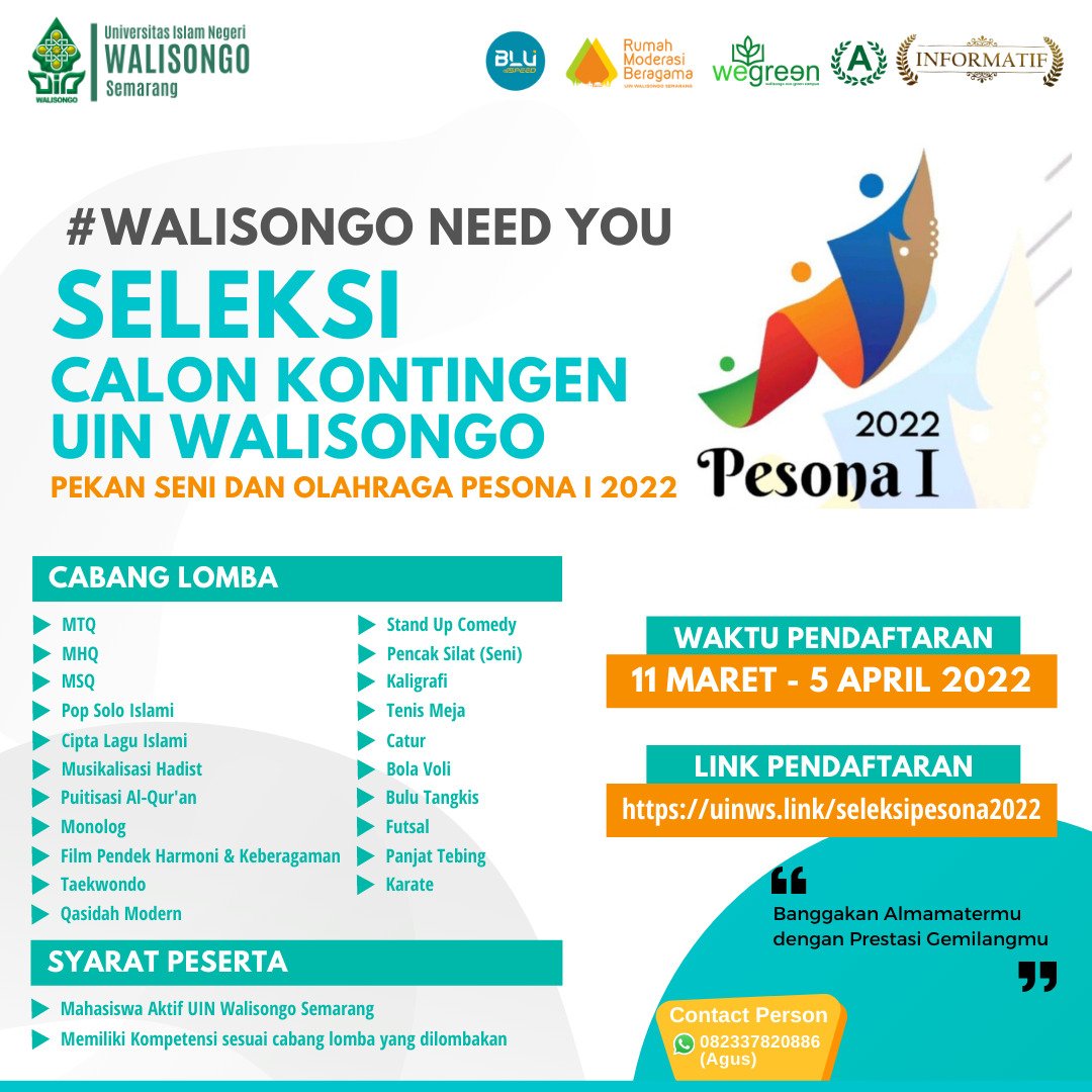 UinWSofficial's tweet photo. Sobat Walisongo, saatnya tunjukan kreativitas, potensi, dan bakat kalian dalam seleksi calon kontingen UIN Walisongo dalam ajang PESONA 2022. Ada banyak cabang lomba dan kesempatan untuk kalian... So.... Do your best!!!
#walisongoinfo #gabungwalisongo #walisongoaja #uinws https://t.co/B583HvURyk