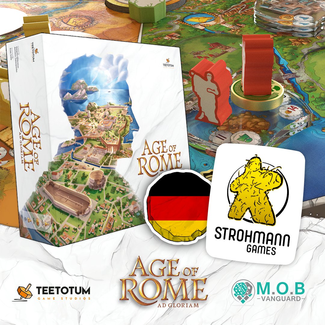 teetotumgames's tweet photo. Our alliances are getting even stronger as Age of Rome is growing! We welcome our German partners, Strohmann Games, who will bring the German version of our game to your tables. #Kickstarter #boardgames #boardgame https://t.co/jUVQeruajN