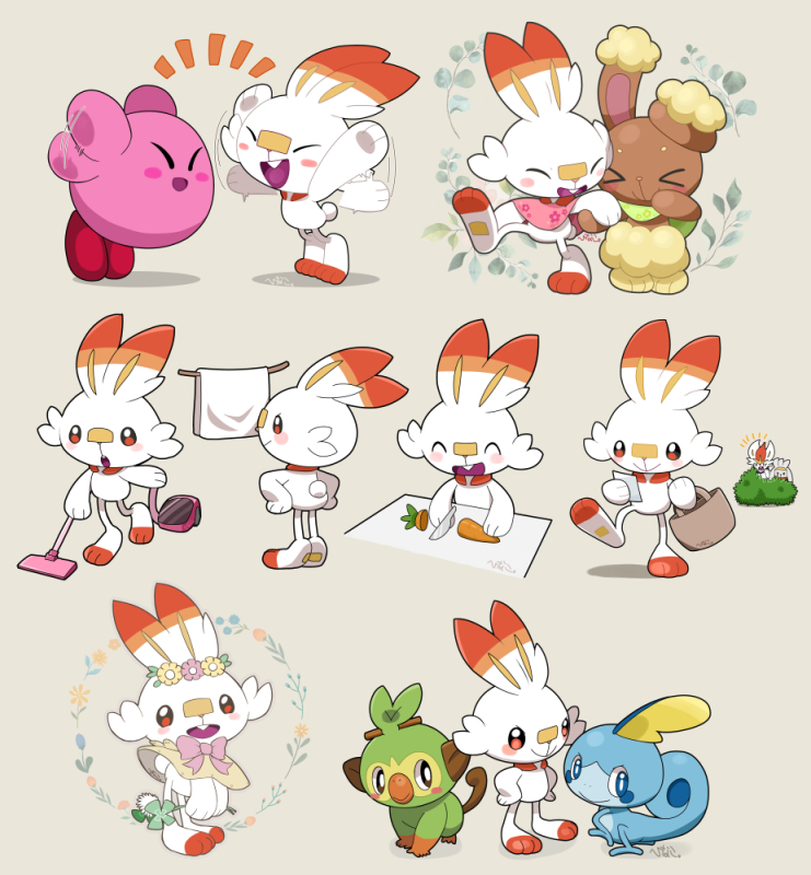 grookey ,scorbunny ,sobble pokemon (creature) no humans smile closed eyes open mouth holding > <  illustration images