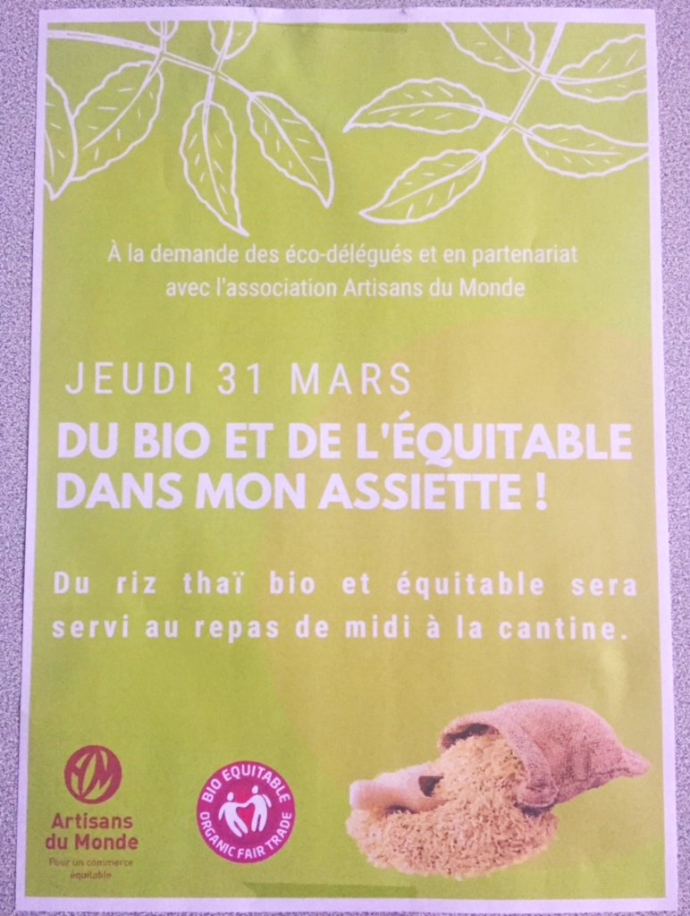 CGardonnenque's tweet photo. 📌Semaine de l'Economie sociale &amp; solidaire @SemaineESSEcole
👏Rencontre Ecodélégués &amp;  Artisans du monde @AdMNimes
🍴🌍"Du bio &amp; de l'équitable dans mon assiette" avec le riz thaï au self. Merci au chef🧑‍🍳
@edd_acmtp 
#SESSE2022 
@LESPER_France 
#CommerceEquitable
#dsden30 
@gard https://t.co/p0qd4lxfpP