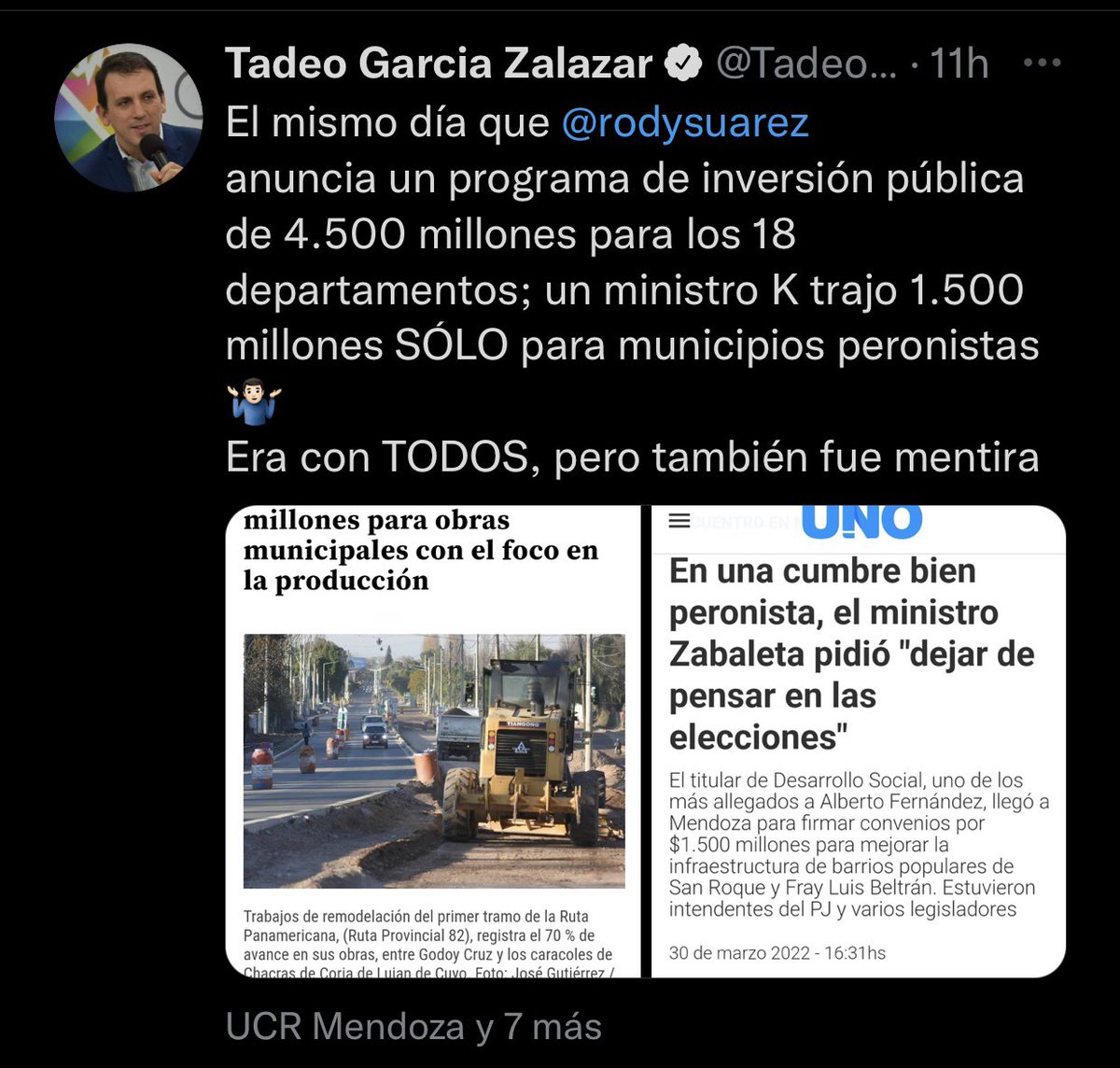 MatiasStevanato's tweet photo. El Ministro recibe a los intendentes radicales, pero viene a Mendoza y no lo atienden porque el Gobernador ya "tiene agenda". Los dueños de la discriminación ahora se quejan. Y pensar que iban a CAMBIAR Mendoza, solo instauraron grieta, mentira y siesta. https://t.co/d6KfLkDT6J
