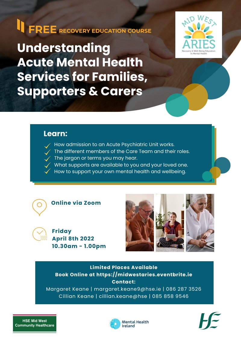 MidWestAries's tweet photo. We're excited to launch our new co-produced course "Understanding Acute Mental Health Services for Families, Carers &amp; Supporters" online on April 8th. @MentalHealthIrl @CommHealthMW Thanks to the staff at Ennis APU &amp; UHL APU for all their support. https://t.co/weWfXoEeK5 https://t.co/Xl8s8lgrYG