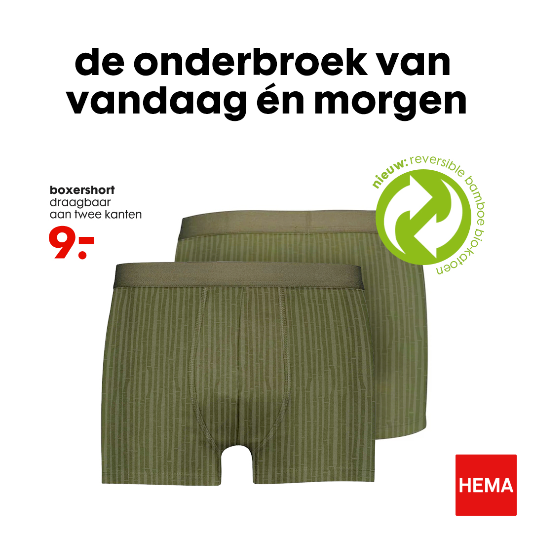 Cadeau Winderig dwaas HEMA on Twitter: "Nieuw bij HEMA: binnenstebuiten boxershorts! Want waarom  zou je een onderbroek maar één dag dragen, als het ook twee dagen kan? Ons  nieuwe model boxershort van revolutionair reversible bamboe-biokatoen