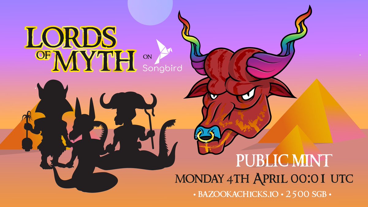 BazookaChicks's tweet photo. The 'Lords of Myth' Public Mint!

Monday 4th April 00:01 UTC • 2500 $SGB

This is the final utility collection to earn future collectibles From the the Bazooka Chicks Expansion Series! With 500+ Traits, this #nft collection is the most detailed to date on the Songbird Network 🌈 https://t.co/NgteqznUa2