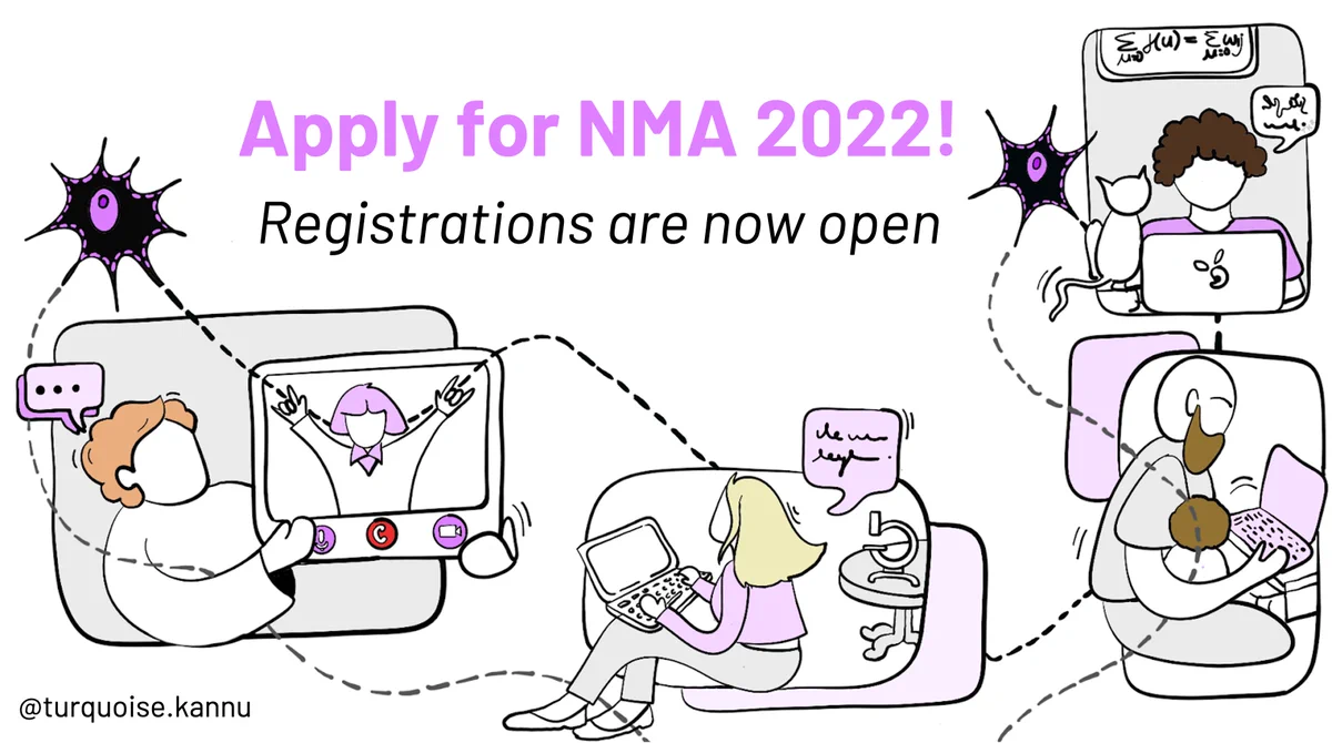 Graphical Illustration made by @turquoise.kannu (Instagram handle) with the text: “Apply for NMA 2022! Registrations are now open”. There are four cartoons, one with a scientist showing a video, another one with a student connected with her PC from the lab with a microscope on a table close to her, another cartoon with a student connected with his child under his arm, and another one with a student connected with a cat close-by. The four illustrations are connected by two black neuron’s dendrites, depicted as dashed lines.