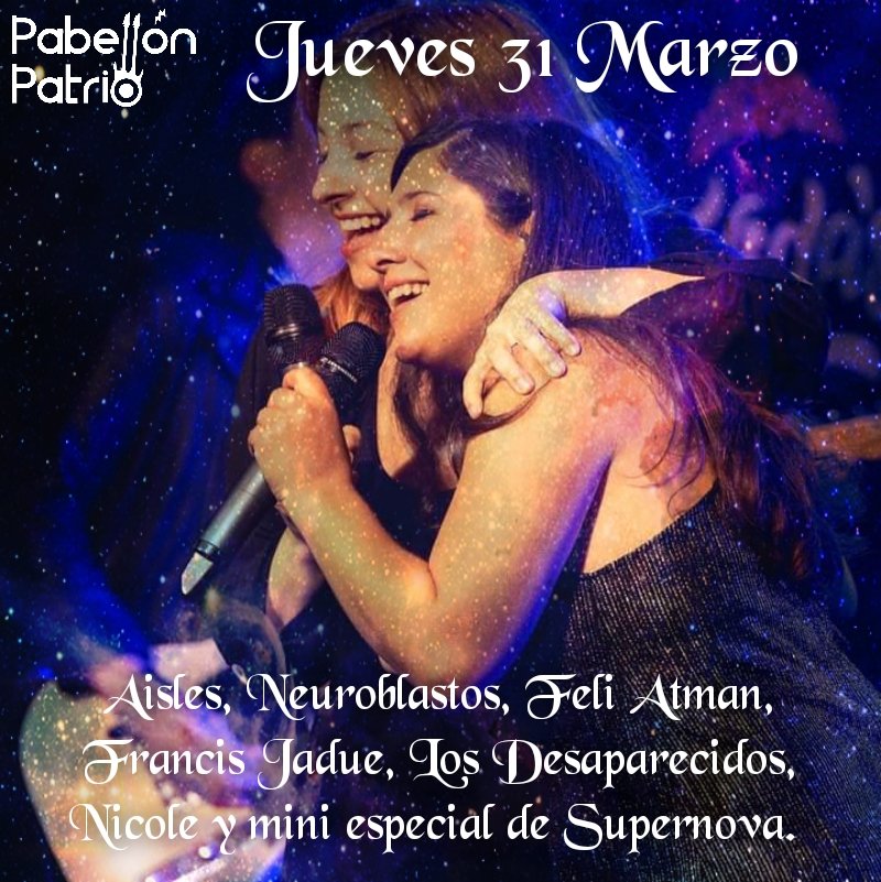 Pabellón Patrio (@pabellonpatrio) on Twitter photo Hoy wn #PabellónPatrio <a href="/Aislesproject/">Aisles</a> #Neuroblastos #FeliAtman <a href="/FrancisJadue/">Francis Jadue</a> #LosDesaparecidos <a href="/nicolemusica/">Nicole</a> y mini especial de <a href="/SupernovaChile/">Supernova Oficial</a> Toda la info en nuestro Facebook facebook.com/56041373397753… Hoy wn #PabellónPatrio <a href="/Aislesproject/">Aisles</a> #Neuroblastos #FeliAtman <a href="/FrancisJadue/">Francis Jadue</a> #LosDesaparecidos <a href="/nicolemusica/">Nicole</a> y mini especial de <a href="/SupernovaChile/">Supernova Oficial</a> Toda la info en nuestro Facebook facebook.com/56041373397753…