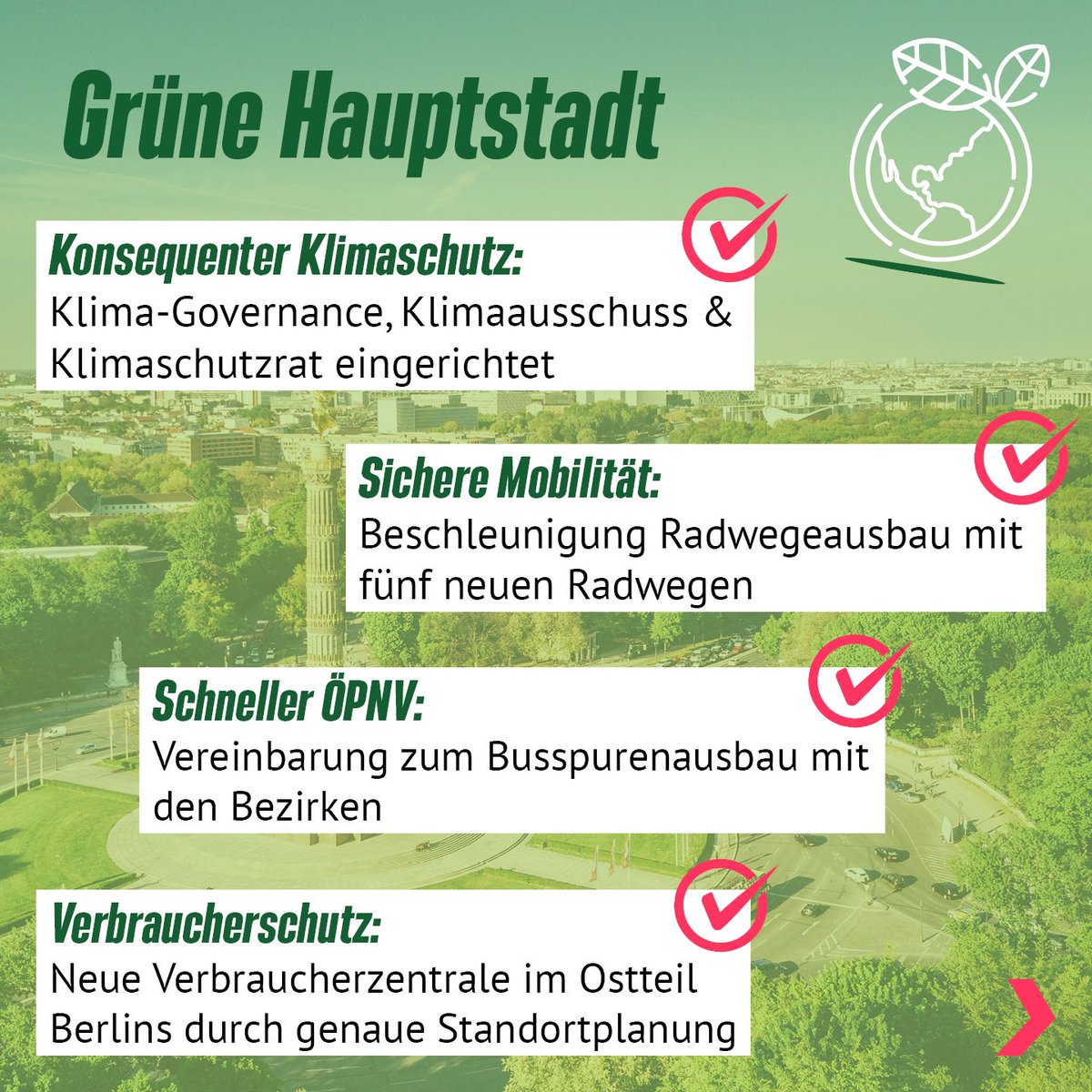 gruene_berlin's tweet image. Heute ist es soweit, der #rgr Senat ist nun #100Tage im Amt! 🎉Die Senator*innen haben sich ein ambitioniertes #100TageProgramm vorgenommen. Die Bilanz zeigt: Die Landesregierung hat geliefert und die ersten 100 Tage tragen eine klare grüne Handschrift. (1/2)