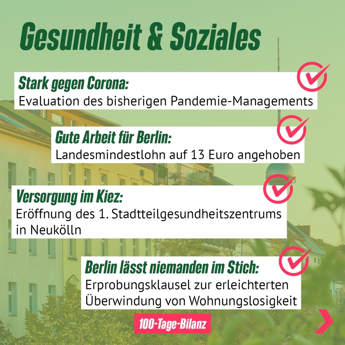 gruene_berlin's tweet image. Heute ist es soweit, der #rgr Senat ist nun #100Tage im Amt! 🎉Die Senator*innen haben sich ein ambitioniertes #100TageProgramm vorgenommen. Die Bilanz zeigt: Die Landesregierung hat geliefert und die ersten 100 Tage tragen eine klare grüne Handschrift. (1/2)