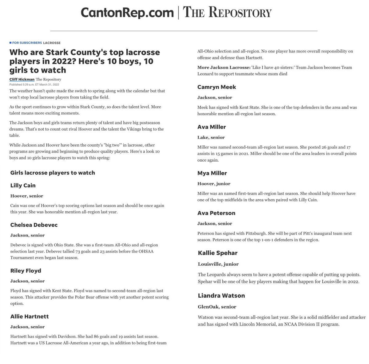 GOLadyLax's tweet photo. Congratulations to senior teammate, Liandra Watson, and also GlenOak boy’s senior, Adam Johnson on this incredible recognition in our community! 

Both seniors are the first in program history to make the Canton Repository’s Stark County Top 10 Players List. 

Proud of you both!! https://t.co/DBCKZUHiBp