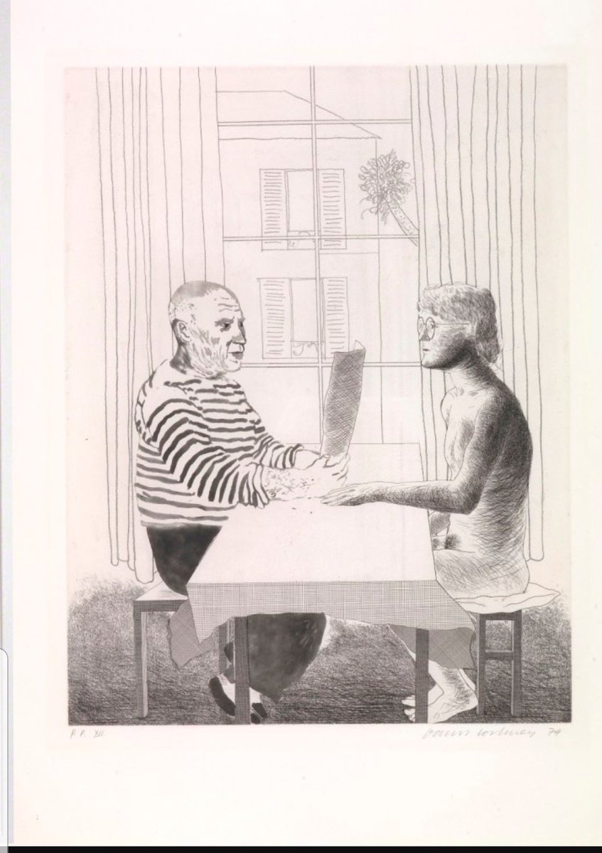 _AEi0_'s tweet photo. "El estudiante" y "Artista y modelo" (1973) son grabados del pintor inglés ,David Hockney, los cuales homenajean a Picasso  elevandolo a la categoría de leyenda casi inalcanzable pero a la vez  Hockney imagina un encuentro con el maestro. https://t.co/fijc91ebrV