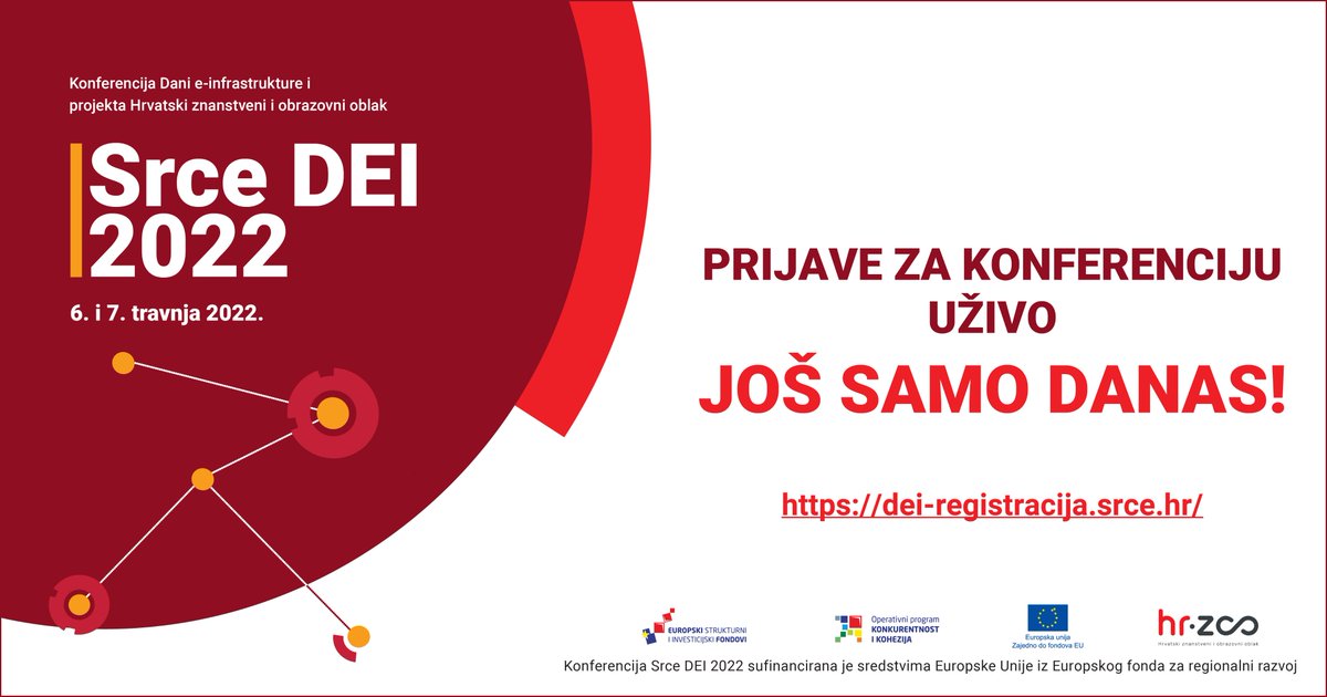 srceDEI's tweet photo. Prijave za sudjelovanje uživo na konferenciji Srce DEI 2022 zatvaraju se danas, 31. ožujka 2022. u ponoć.
Stignete se još prijaviti! ⤵️
https://t.co/zyWqKPrDJA https://t.co/GH6EjW0xQi