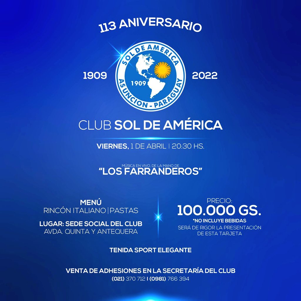 SoldeAmericapy's tweet photo. 🔵 La Cena de Aniversario 🔵

Aguardamos a todos (socios y no) a la noche de conmemoración.

En la sede social todavía hay adhesiones disponibles.

#113Soles☀️ https://t.co/fElAP77kWH