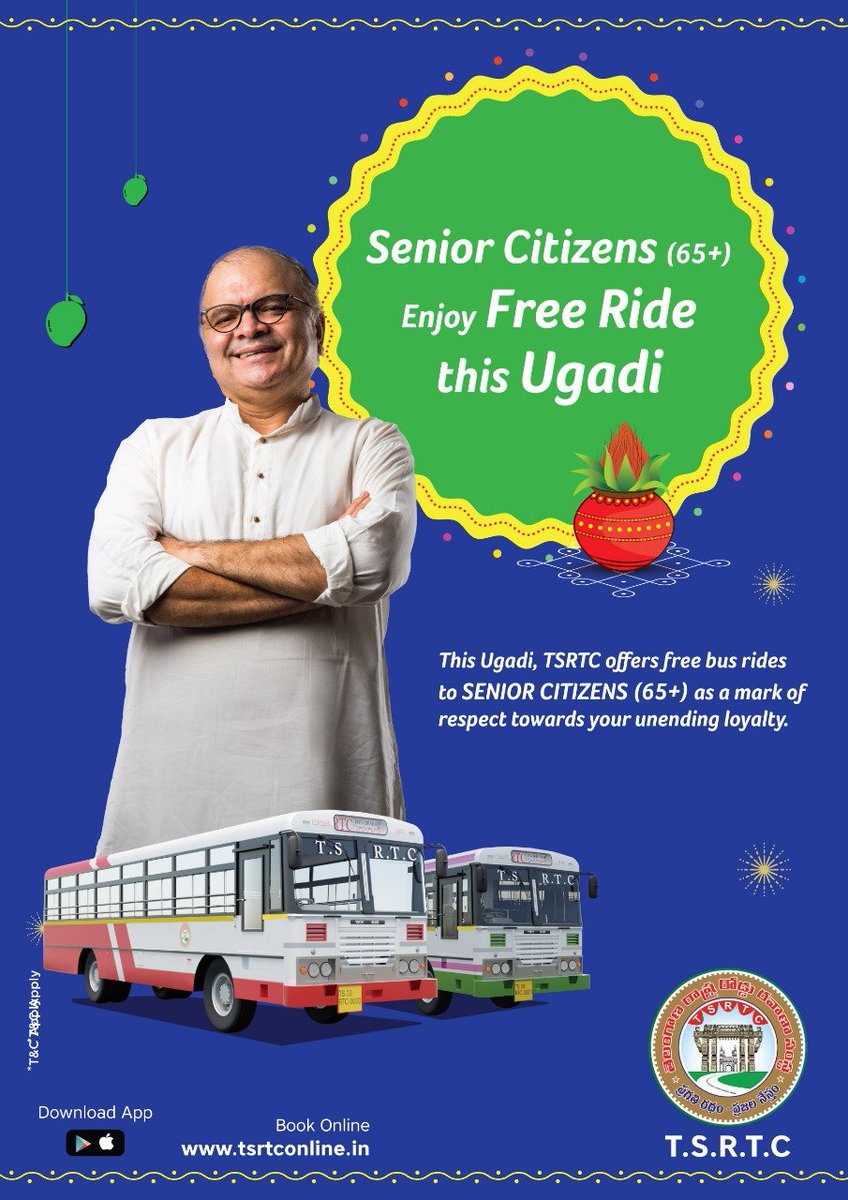 SajjanarVC's tweet image. On the occasion of #Ugadi #TSRTC Offers Free Ride to Senior Citizens above 65 years only on 2nd April 2022 in all types of #TSRTCBusServices @TSRTCHQ @ntdailyonline @TV9Telugu @Eenadu_Newspapr @sakshinews @way2_news @TelanganaToday @IndiaToday @bbcnewstelugu @baraju_SuperHit