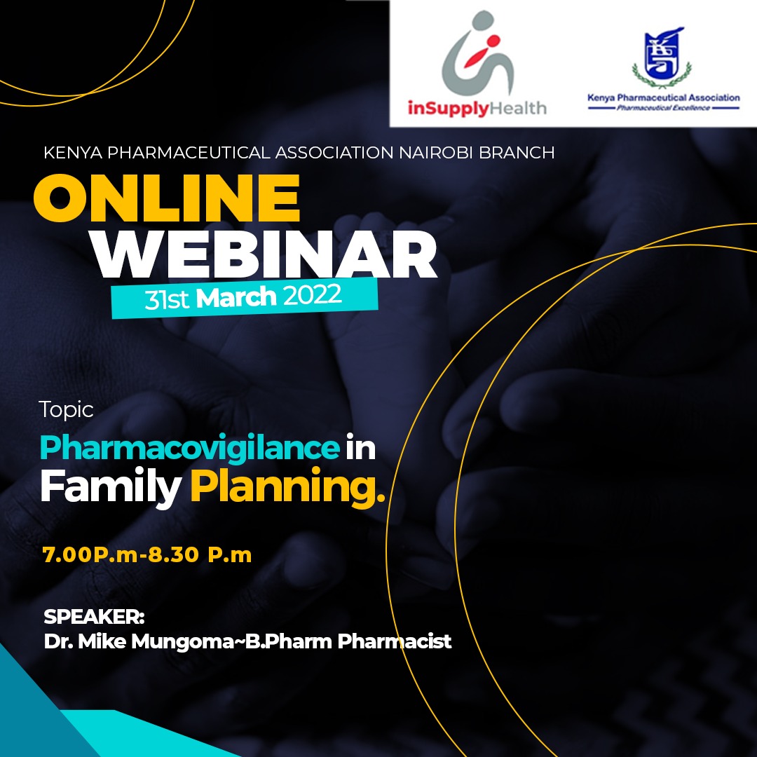 inSupplyHealth's tweet photo. Join us for a live webinar in collaboration with @KPA_Nairobi to discuss the concept of pharmacovigilance as Dr. Mike Mungoma explains the importance of predicting the safety of a product in the market in the context of Family planning.

Register here➡️https://t.co/OtvVyr3Jj9 https://t.co/DIQjB4MIBK