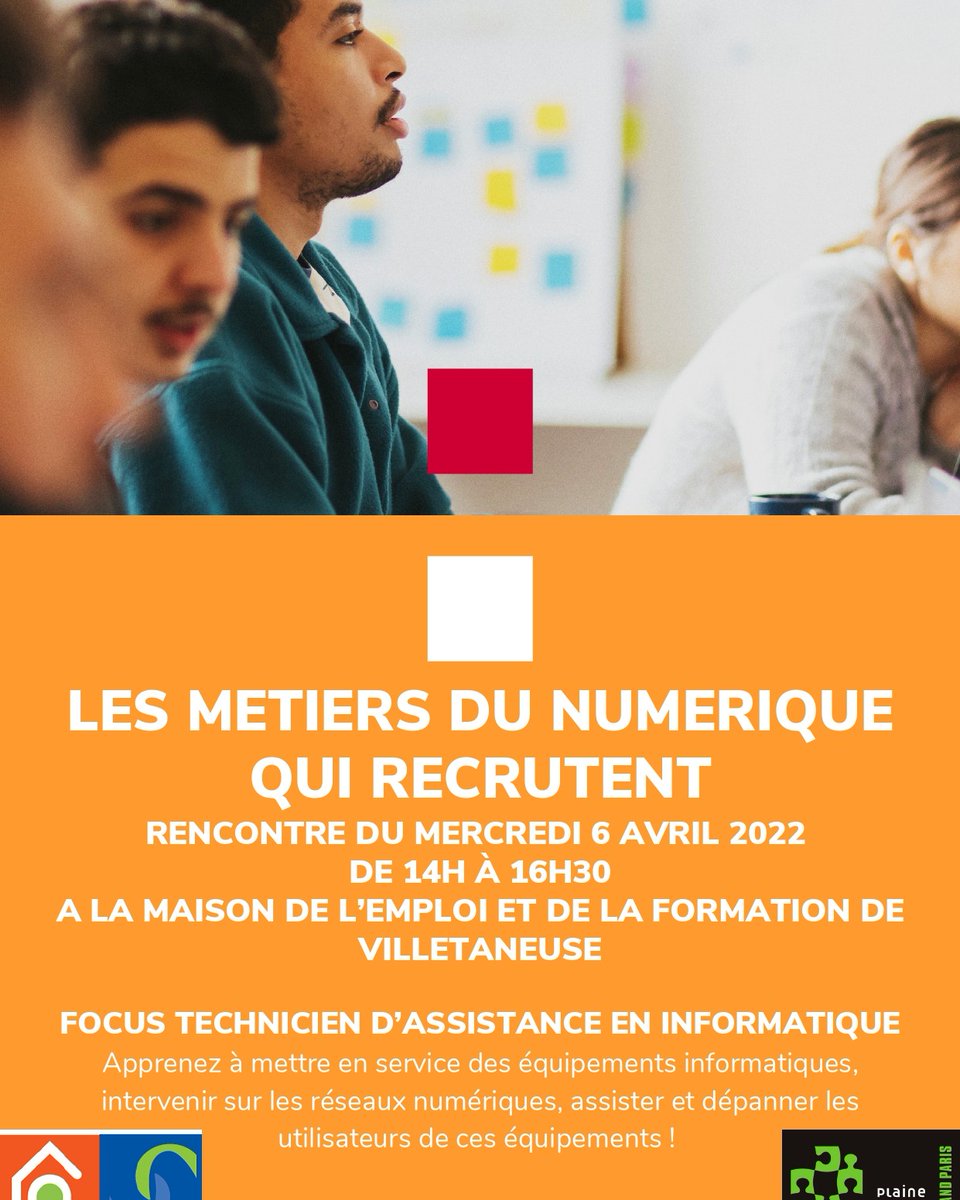 Villetaneuse's tweet photo. | #FORMATION #EMPLOI | Se former aux métiers du numérique.
Rencontre le mercredi 06 avril, à la Maison de l'emploi de #Villetaneuse
#job #jobdate #jobalerte https://t.co/djDqZqrr0s