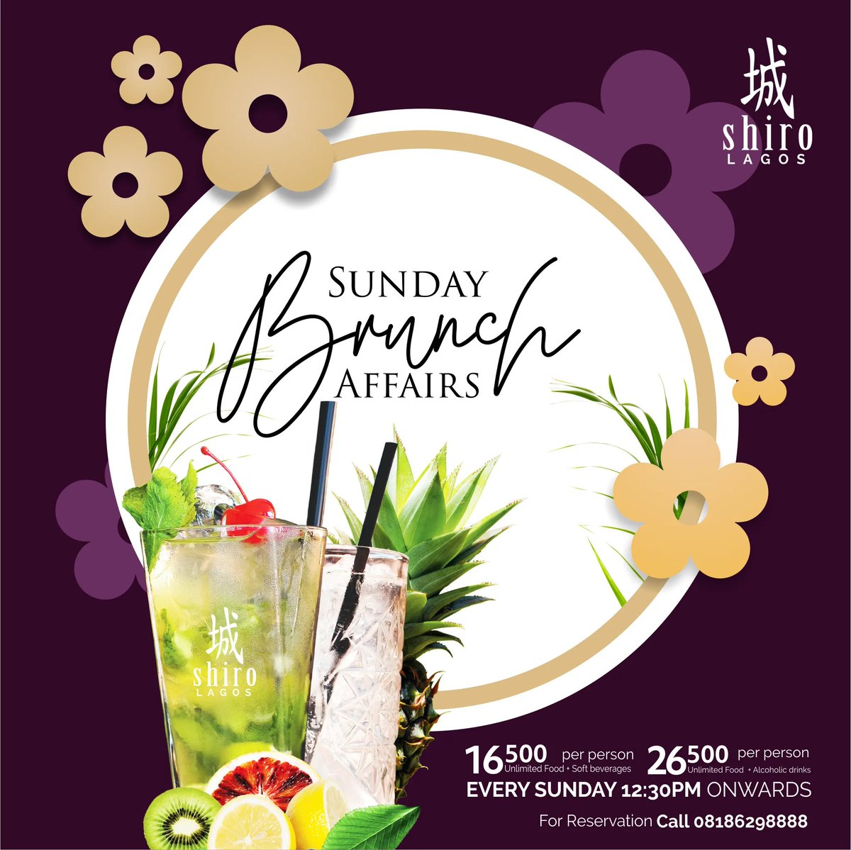 Shirolagos's tweet photo. Let's brunch! Join us this Sunday for brunch from 12:30PM - 4PM

Call 08186298888 for reservations.
Unlimited food + soft beverage for N16,500 (per person)
Unlimited food + alcoholic drinks for N26,500 (per person)

#ShiroLagos #ExperienceShiro #SundayBrunch #Brunch https://t.co/ojTstpsbZS