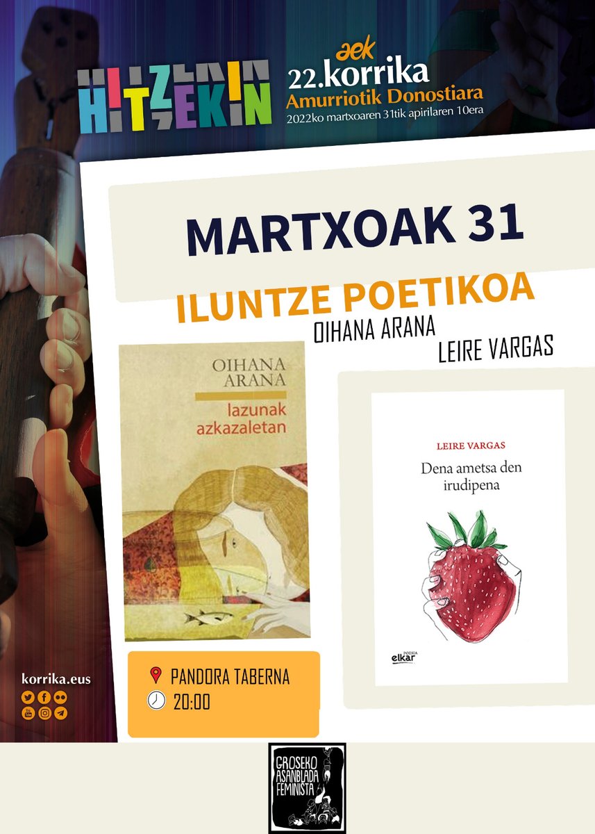 Gaur #Korrika hasiko dela ospatzeko 18:00etan Lurrin dastaketa Irrintzin <a href="/hunkydorylab/">HunkyDory Laboratory</a> eko @madmarzol i esker. Eta iluntze poetikoa Pandora tabernan 20:00etan Oihanar Arana eta Leire Vargasekin.