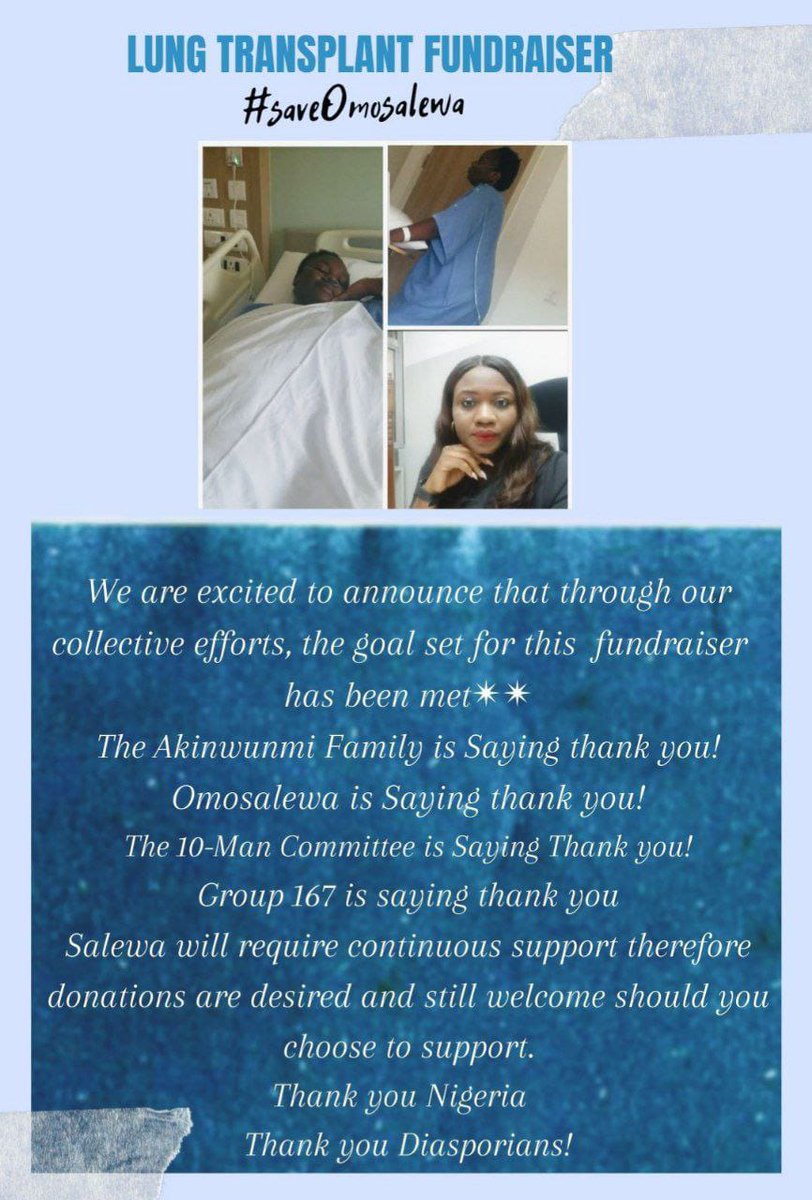 Julie Wole-Ajayi (@pharmacistjulie) on Twitter photo #SaveOmosalewa fundraising campaign has met and exceeded our goal. Thank to the those who helped us with publicity on Twitter*
<a href="/_mrsmalaprop/">ʏօʊʀ dαddy'ѕ Fₐᵥₑ ßαddïε 🕊</a>
<a href="/vibequeen01/">🦚Onobaby🦚</a>
<a href="/akeula_trendy/">Akeula Trendy™</a>
<a href="/Sunil_Sawhney/">Sunil Sawhney</a>
<a href="/ekititrends/">Ekiti trends</a>
<a href="/alinwakingsley/">Lazy Youth 👿</a>
<a href="/WaleOzolua/">OZOLUA</a>
<a href="/Yettyclassy/">Fragrance addict 🫶🏾🤎</a>
<a href="/Ogbenidipo/">Dr Dípò Awójídé</a>
<a href="/g_diets_/">Doctor Of The Future™</a> #SaveOmosalewa fundraising campaign has met and exceeded our goal. Thank to the those who helped us with publicity on Twitter*
<a href="/_mrsmalaprop/">ʏօʊʀ dαddy'ѕ Fₐᵥₑ ßαddïε 🕊</a>
<a href="/vibequeen01/">🦚Onobaby🦚</a>
<a href="/akeula_trendy/">Akeula Trendy™</a>
<a href="/Sunil_Sawhney/">Sunil Sawhney</a>
<a href="/ekititrends/">Ekiti trends</a>
<a href="/alinwakingsley/">Lazy Youth 👿</a>
<a href="/WaleOzolua/">OZOLUA</a>
<a href="/Yettyclassy/">Fragrance addict 🫶🏾🤎</a>
<a href="/Ogbenidipo/">Dr Dípò Awójídé</a>
<a href="/g_diets_/">Doctor Of The Future™</a>