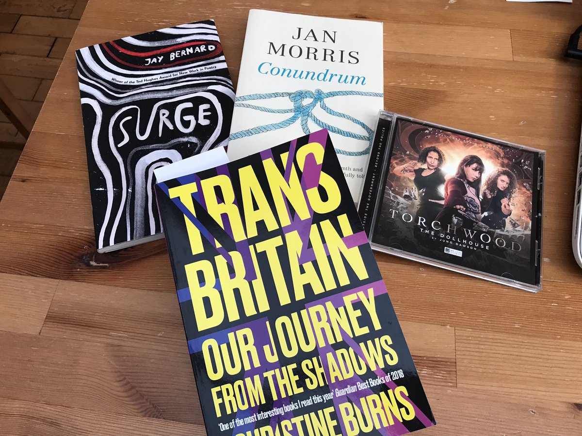 TheDaiLlew's tweet photo. Happy #TransDayOfVisibility. Currently reading #TransBritain, but can thoroughly recommend Surge and Conundrum, and The Dollhouse remains a favourite from the crazy, earlier days of the Torchwood audios. https://t.co/et5vK0k3Of