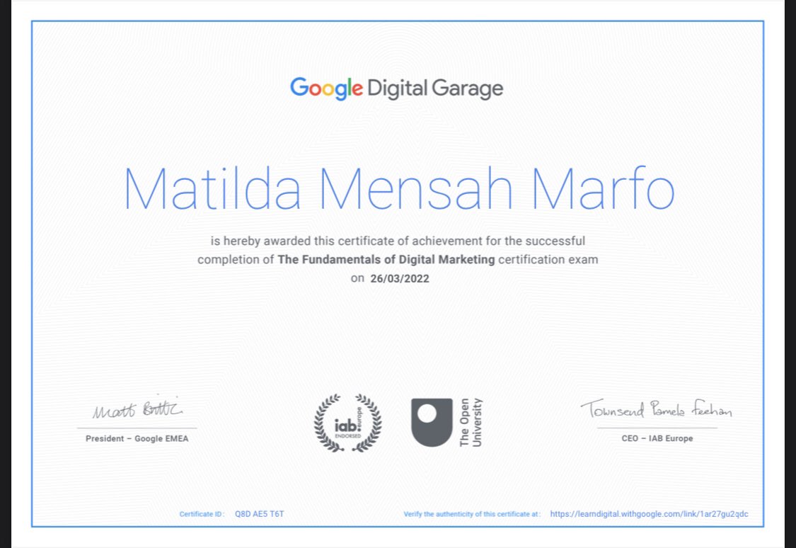 tillyakuanipaa's tweet photo. 1st quarter of 2022 is over. It was a good for me, rolled out a successful campaign at work, @oneplayafricaa and amidst all the madness I aced my online class, earned myself a google certificate for the fundamentals in digital marketing. Small wins but wins nonetheless!💚 https://t.co/yFSw6SKBRO