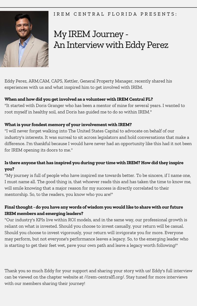 IREM60's tweet photo. For over 85 years, our IREM members have made us the world’s strongest voice for all things real estate management. We reached out to our members to ask "Why IREM?". Here is our sixth member spotlight, Eddy Perez with Kettler. Thank you Eddy! #emergingleader #IREMcentralfl #IREM https://t.co/IAsUDsSKmZ