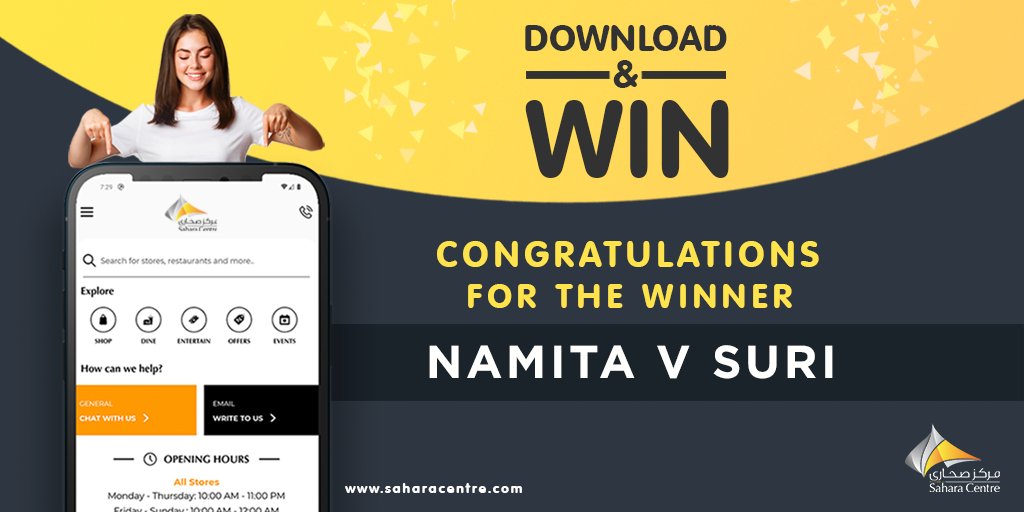 SaharaCentre's tweet photo. #Congratulations to @namitavsuri for winning 200 AED in our #Download App &amp; #Win #competition. 😍👏Thank you all for taking the time to participate. Stay tuned for more #competitions 🙂😉#downloadapp #mobileappcompetition #contest #winner #announcement #saharacentre #sharjah #uae https://t.co/SJSNWPXF1r