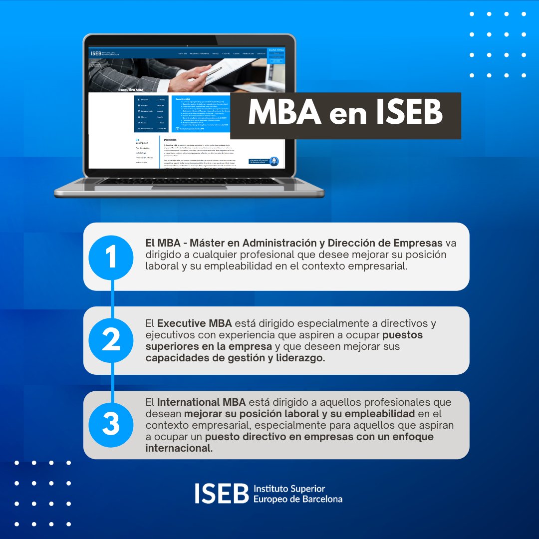 iseb_es's tweet photo. Si estás indeciso sobre si hacer un MBA o no, o sobre cuál hacer, nosotros te lo ponemos fácil. En ISEB tenemos 3️⃣ tipos de MBA: MBA - Máster en Administración y Dirección de Empresas, Executive MBA e International MBA.

#profesionales #mercadolaboral #crecimientopersonal https://t.co/7VZsOTkPlj