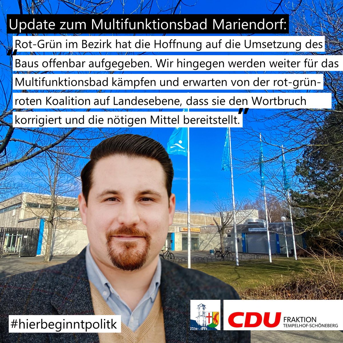 Vor zwei Wochen hat sich die Bezirksverordnetenversammlung ganz deutlich für den Neubau des Bades ausgesprochen und das Bezirksamt aufgefordert, sich auf Landesebene dafür vehement einzusetzen.  Nun erfolgte ein Umdenken bei SPD und Grünen bei uns im Bezirk.