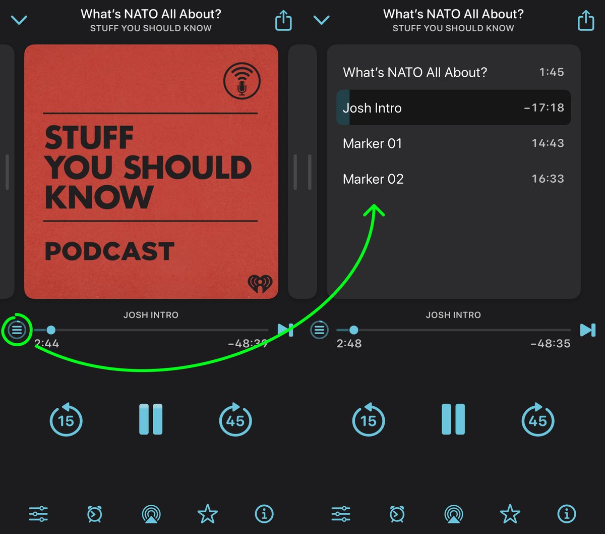 RyanGWilson's tweet photo. I just noticed an amazing new interaction in Outcast (podcast app by @marcoarment). Podcasts that have markers can more easily be navigated (skip the commercials)! Thank you Marco! https://t.co/DFfzwjPHVt