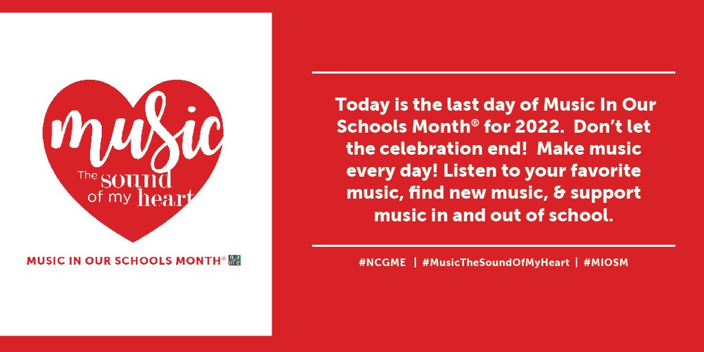 NAfME's tweet photo. Happy #MIOSM! Today is the last day of Music In Our Schools Month® for 2022. Don’t let the celebration end! Make music every day! Listen to your favorite music, find new music, &amp; support music in and out of school. #MusicTheSoundOfMyHeart #NCGME https://t.co/40G532GEl6 https://t.co/ORSubCDmbD