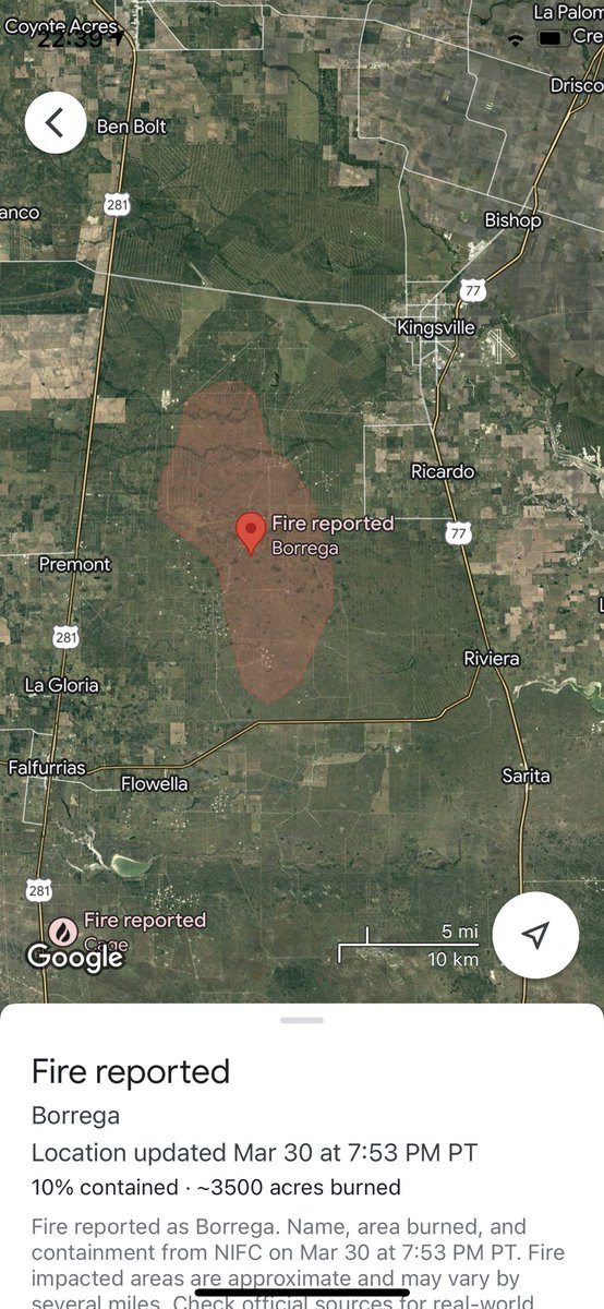 JayVLombardi's tweet photo. Massive 45K acre wildfire southwest of town today. 0% contained. #kleberg #BorregaFire https://t.co/Fjj9r1z8Fs