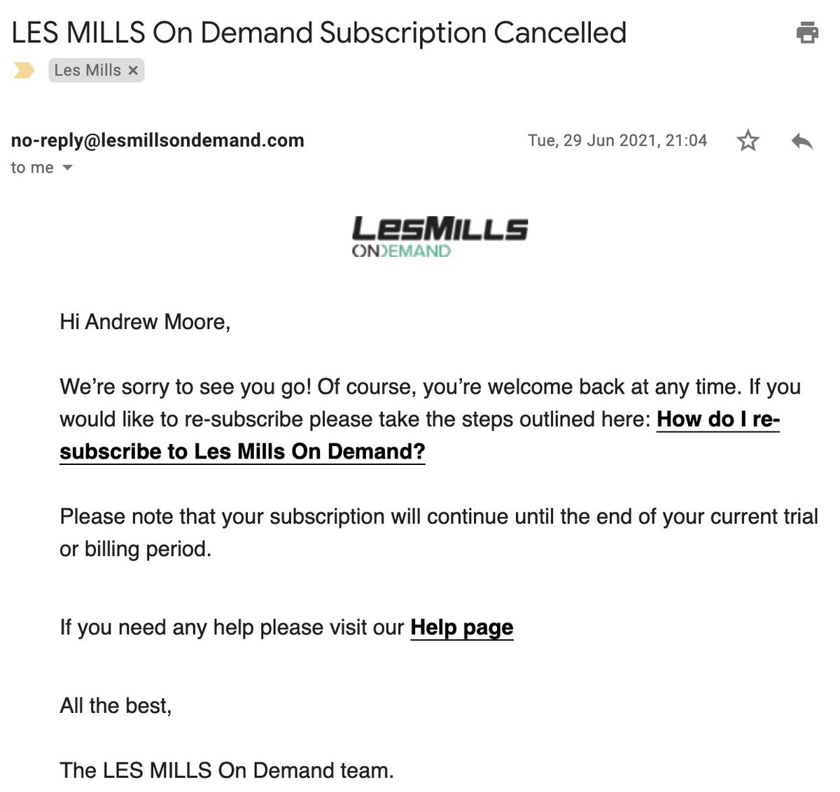 _moore's tweet photo. @LesMills You emailed me confirming I cancelled my subscription, but continued charging me. Now your support team are saying there's no record of me cancelling, even though I have an email from you. How do I escalate this? https://t.co/6Nmexkpjpi