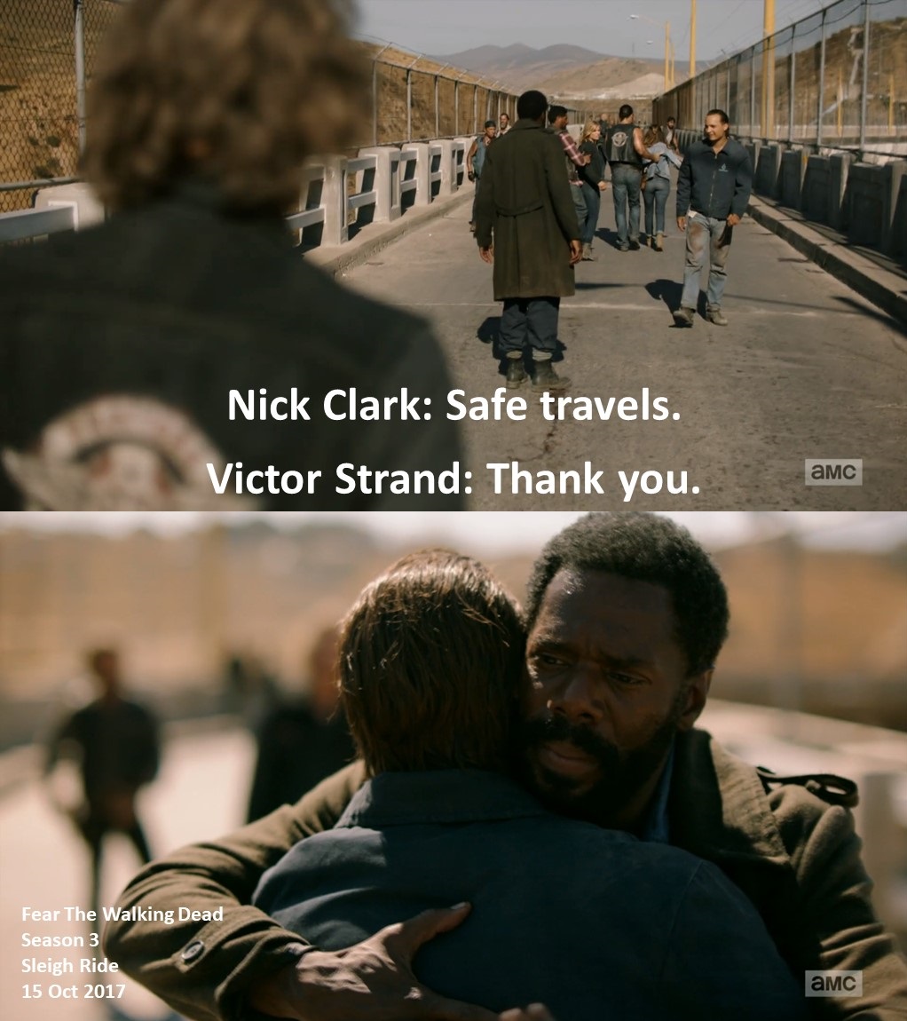 DoctorDoubleTap's tweet photo. Nick Clark: Safe travels.

Victor Strand: Thank you.

#FearTheWalkingDead
Season 3
Sleigh Ride
15 October 2017
#FearTWD, #FTWD
Zombie Apocalypse
California
Fall of Los Angeles Survivors
Frank Dillane
Colman Domingo https://t.co/VNmKIbBb8P