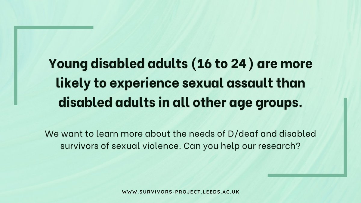 Stay Safe East (@staysafeeast) on Twitter photo The ONS also stated that young disabled adults are nearly twice as likely to experience sexual assault as non-disabled young adults.
<a href="/SurvivorsProje2/">Survivors-Project</a> wants to talk with d/Deaf and disabled young people in England & Wales. DM them or contact for more info: forms.office.com/Pages/Response⦠The ONS also stated that young disabled adults are nearly twice as likely to experience sexual assault as non-disabled young adults.
<a href="/SurvivorsProje2/">Survivors-Project</a> wants to talk with d/Deaf and disabled young people in England & Wales. DM them or contact for more info: forms.office.com/Pages/Responseā¦