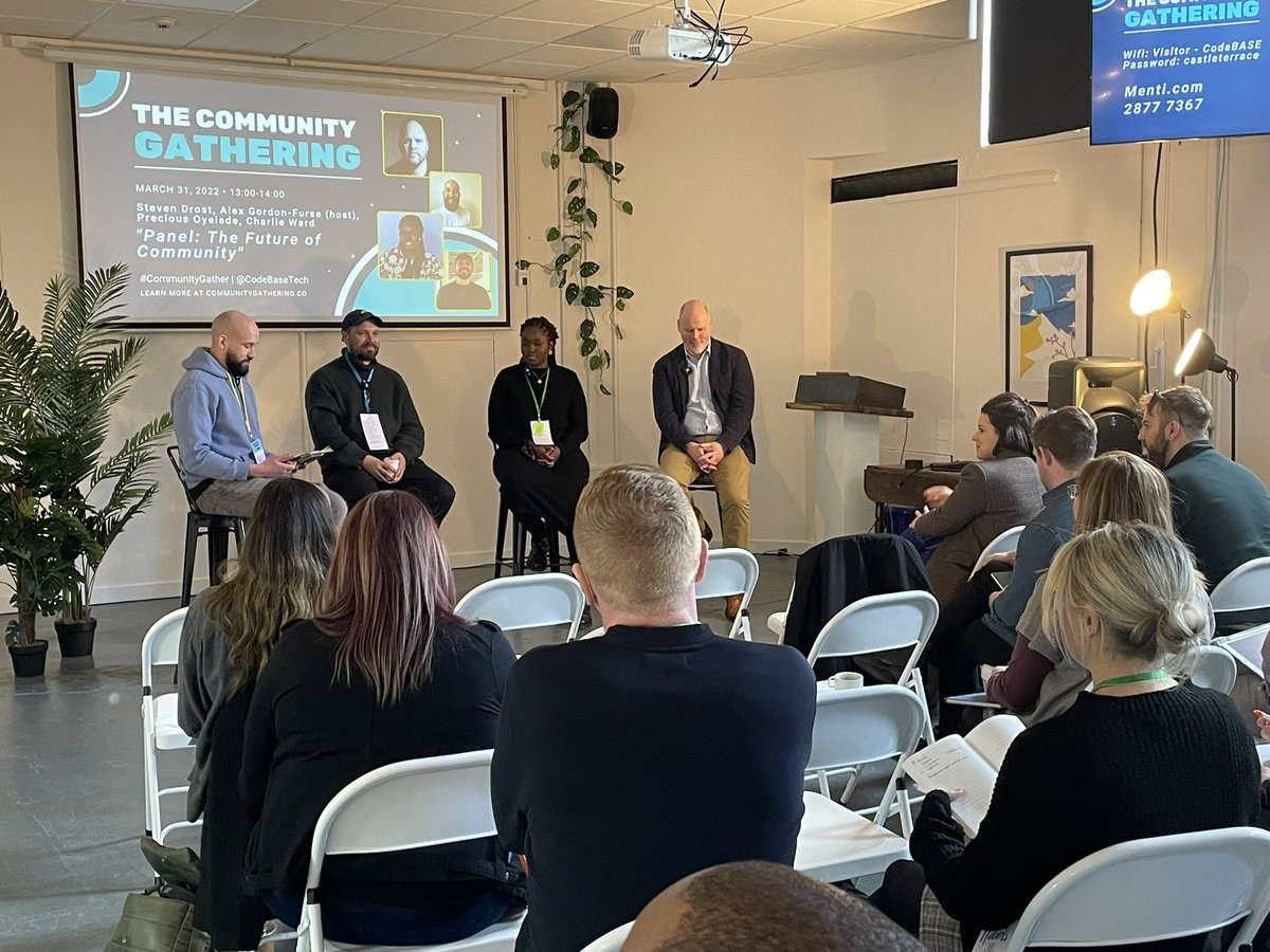 CodeBaseTech's tweet photo. We're back from lunch with a panel featuring @drostyboy, @PreciousOLade, @charlierward and @giomate chatting about The Future of Community 🚀 

#CommunityGather https://t.co/E40Bs1Epjp