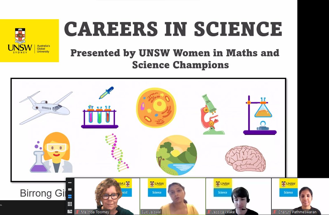 Suki Jaiswal (@sukijaiswal) on Twitter photo This week #UNSWWomenChamps gave an awesome #WomeninSTEM webinar at Birrong Girls HS. We heard from <a href="/_KarlyT/">Karly Turner</a>, @saoirsecondes, <a href="/toomey_melinda/">Dr Melinda Toomey</a>, <a href="/Charuni_/">Charuni Pathmeswaran</a> & <a href="/leake_jess/">Jessica Leake</a> .
Feedback = students were surprised at the variety of UG degrees possible at <a href="/UNSWScience/">UNSW Science</a>
Job well done!!💪💪 This week #UNSWWomenChamps gave an awesome #WomeninSTEM webinar at Birrong Girls HS. We heard from <a href="/_KarlyT/">Karly Turner</a>, @saoirsecondes, <a href="/toomey_melinda/">Dr Melinda Toomey</a>, <a href="/Charuni_/">Charuni Pathmeswaran</a> & <a href="/leake_jess/">Jessica Leake</a> .
Feedback = students were surprised at the variety of UG degrees possible at <a href="/UNSWScience/">UNSW Science</a>
Job well done!!💪💪