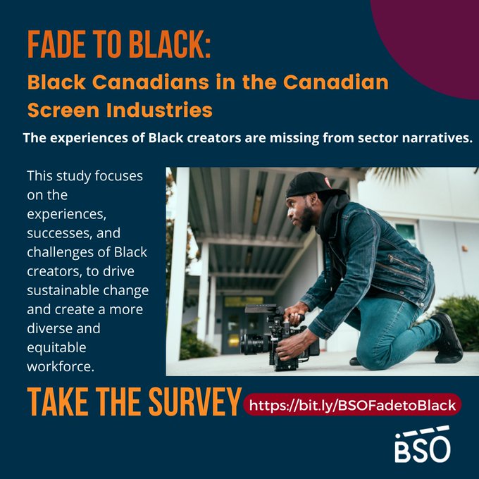 BLKScreenOffice's tweet image. Help create system change to build a stronger, more diverse and equitable sector workforce! 

Take the survey!

Fade to Black: Black Canadians in the Canadian Screen Industries.
✊🏽✊🏾✊🏿❤️
bit.ly/BSOFadetoBlack