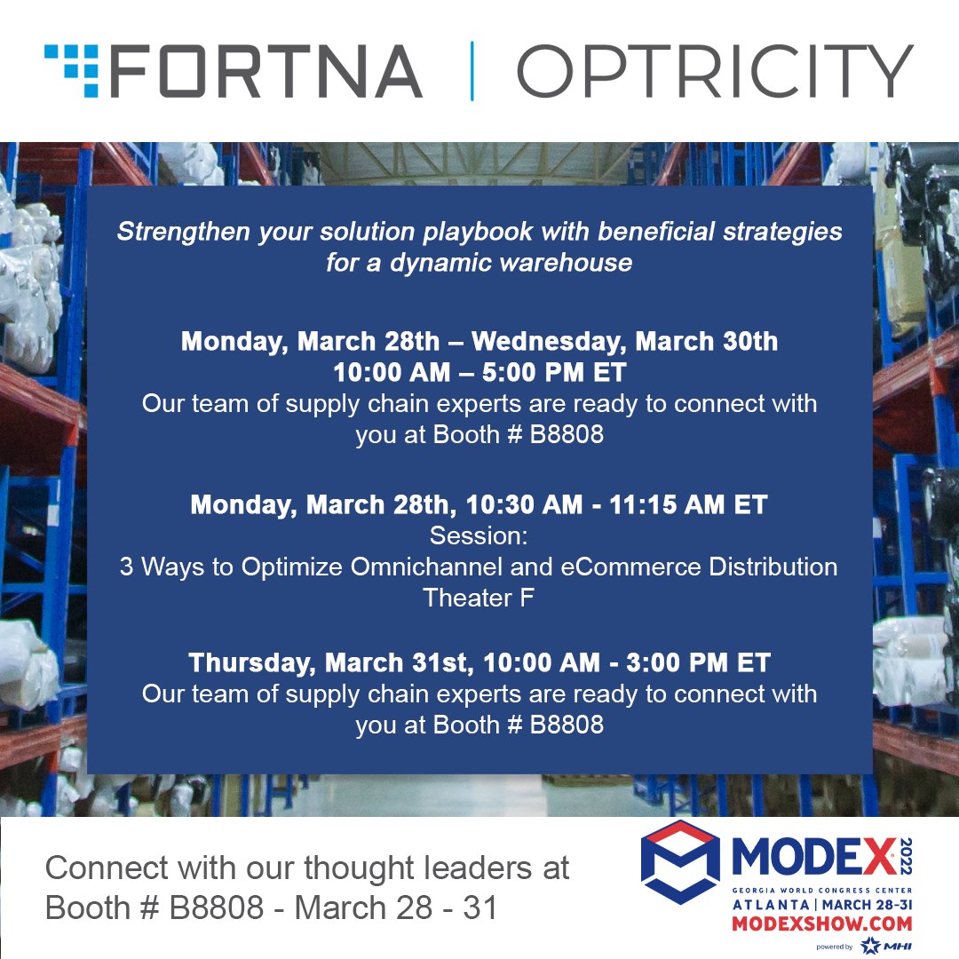 fortnaoptricity's tweet photo. The final day of MODEX is here! Walk away with your next winning play: Visit our thought leaders at Booth # B8808 to fortify your warehouse with intelligent software solutions.
#modex #fortna #optricity #supplychain #solutions #warehousing #technology #slotting #optimization https://t.co/Nxh19iTrPe