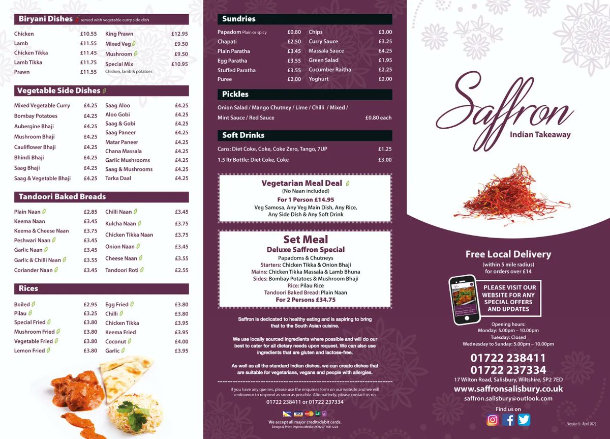 TakeawaySaffron's tweet photo. Following our recent announcement regarding our new menu, we confirm this has been scheduled to launch and take effect from Wednesday 6 April 2022.

In the meantime, the menu is available for you to view below.

#salisbury #wiltshire #indiantakeaway #indianfood #curry #takeaway https://t.co/MnhKf7Nvlk